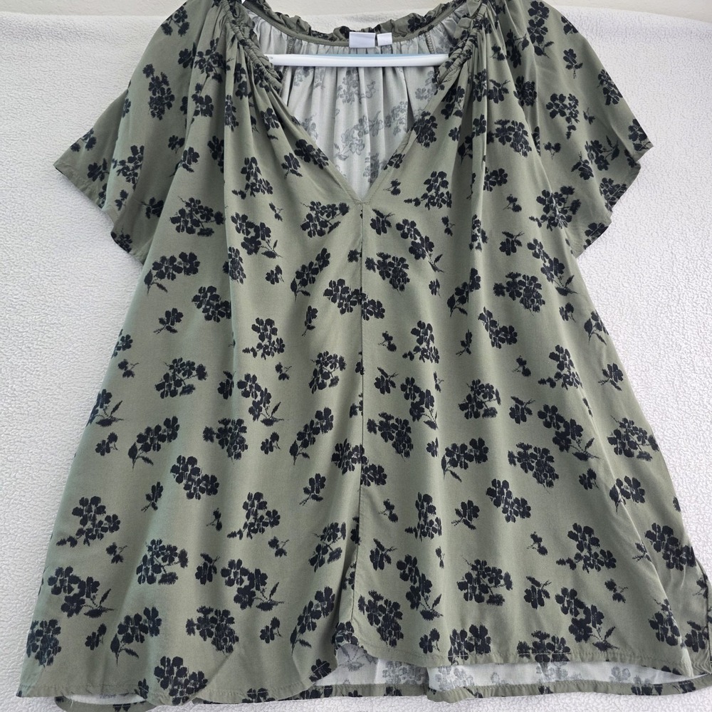 GAP Women XL Green Floral Blouse V Neck Short Sleeve Flowy Casual - Picture 11 of 15